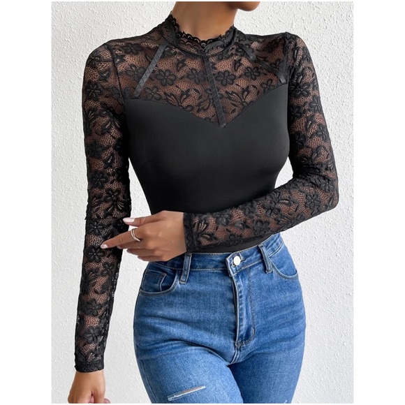Tops - Black Floral Sheer Sleeve Lace Bodysuit